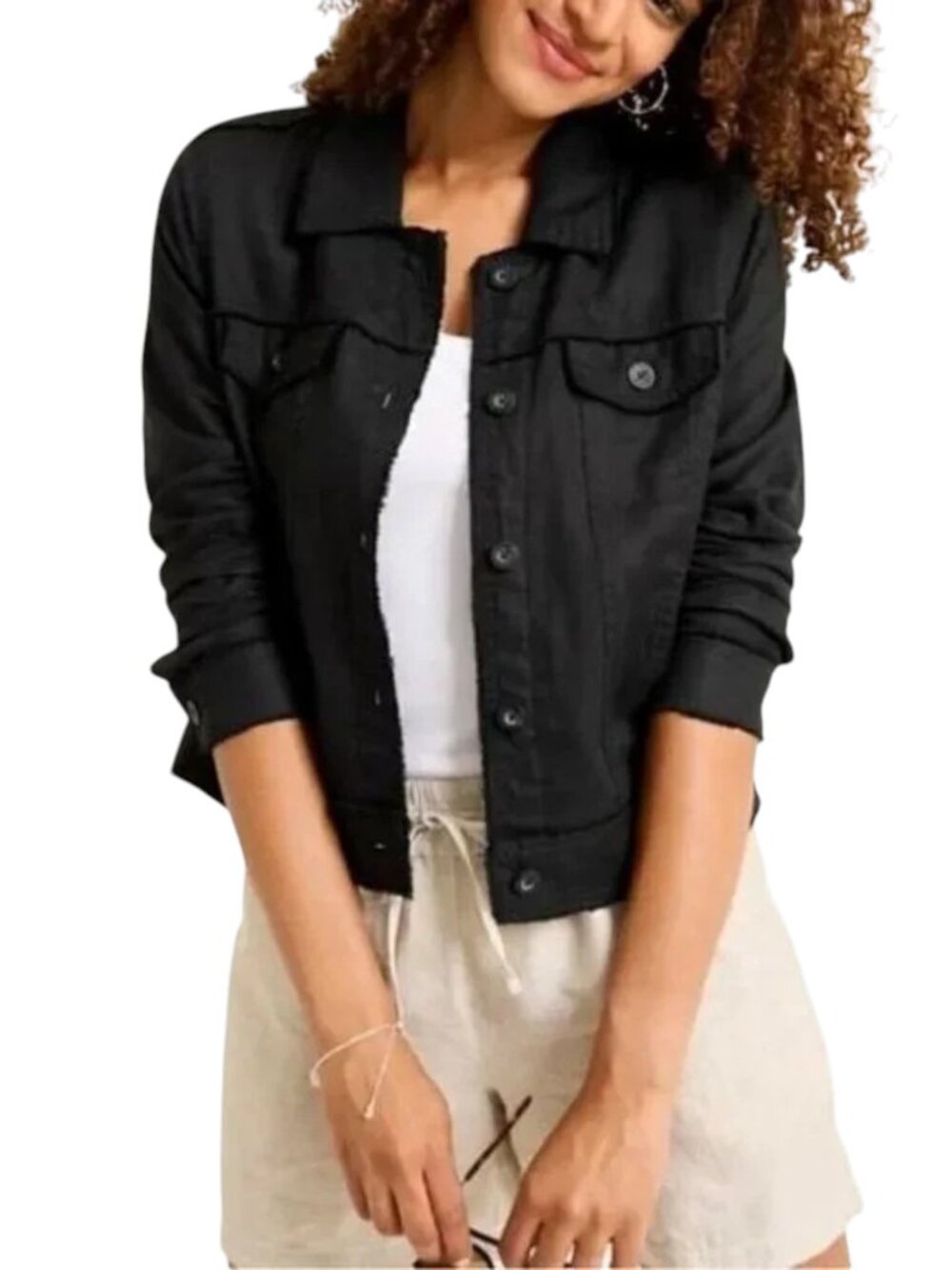 Tommy Bahama Two Palms Raw Edge Linen Jacket Women's XL Black Cropped 100% Linen